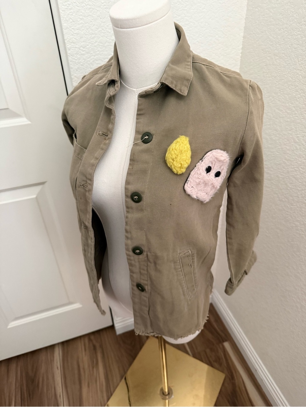 Zara Kids Neutral Tan Utility Jacket with Yellow & Pink Patches